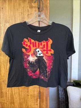 Ghost band Black Crop Tee with Orange and Red Graphic